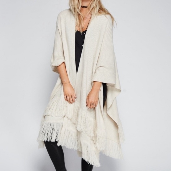 Free People Solstice Ribbed Fringe Kimono Cardigan Sweater Tan Cream One Size - Picture 1 of 9